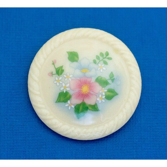 Vintage Ceramic Circle Round Flower Painting Brooch by Avon D36 - Picture 1 of 2